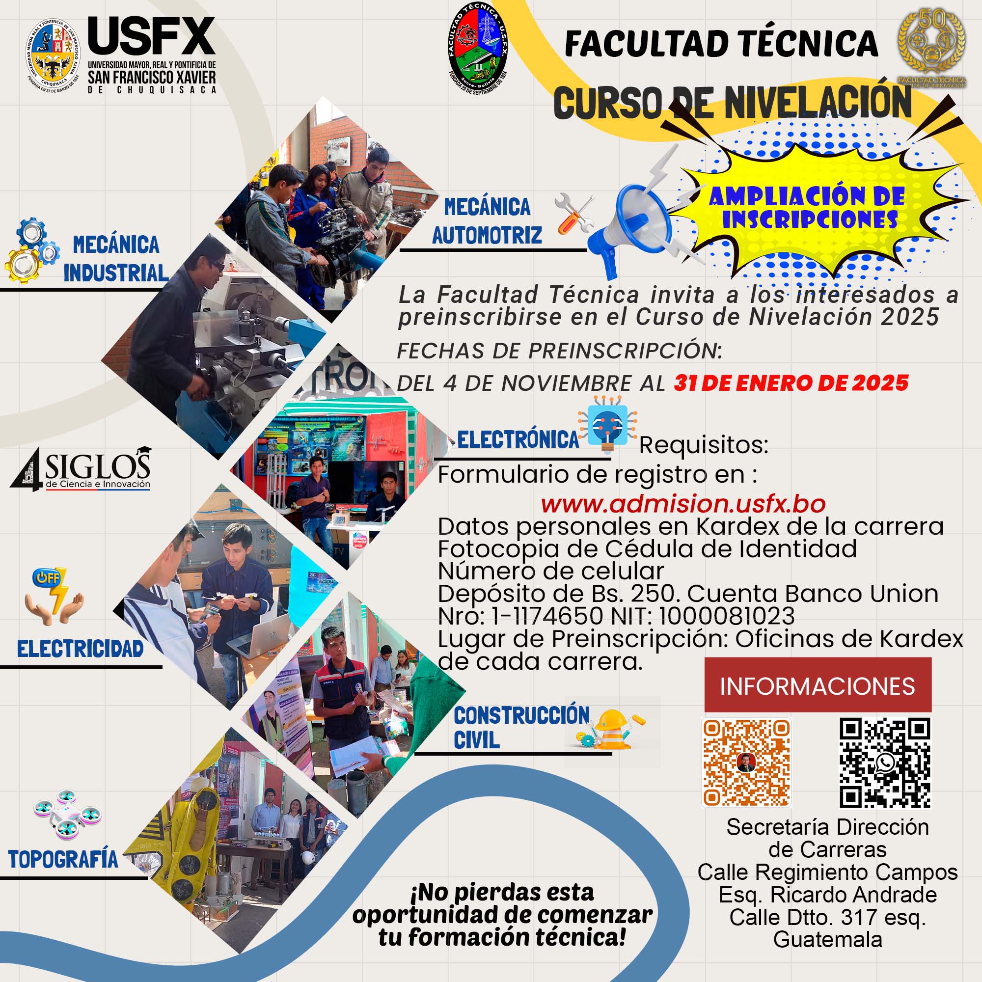 INSCRIPCIÓN CURSO DE NIVELACIÓN a las diferentes carreras de la Facultad Técnica