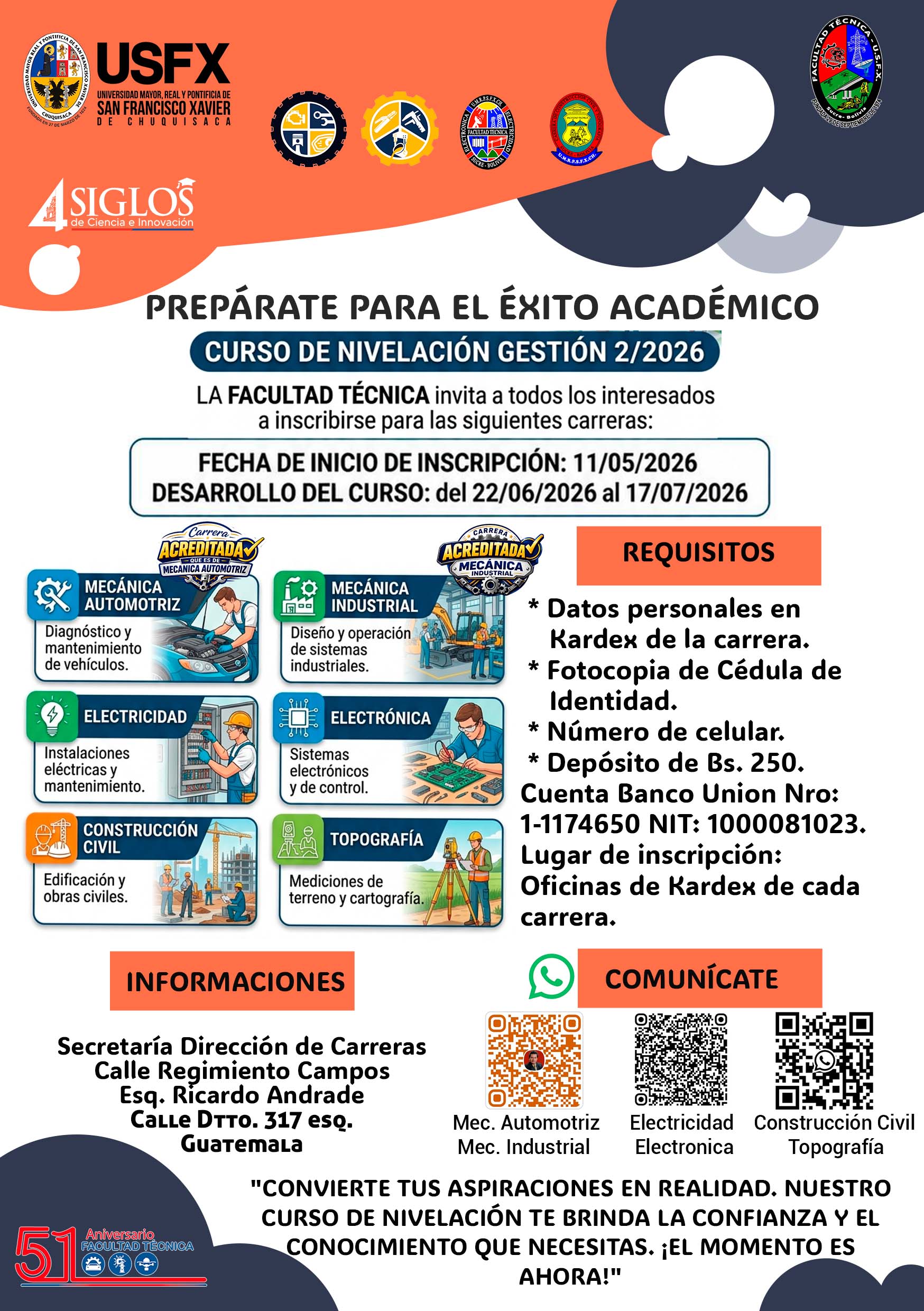 CONVOCATORIA: CURSO DE NIVELACIÓN GESTIÓN 2/2026 FACULTAD TÉCNICA – USFXCH